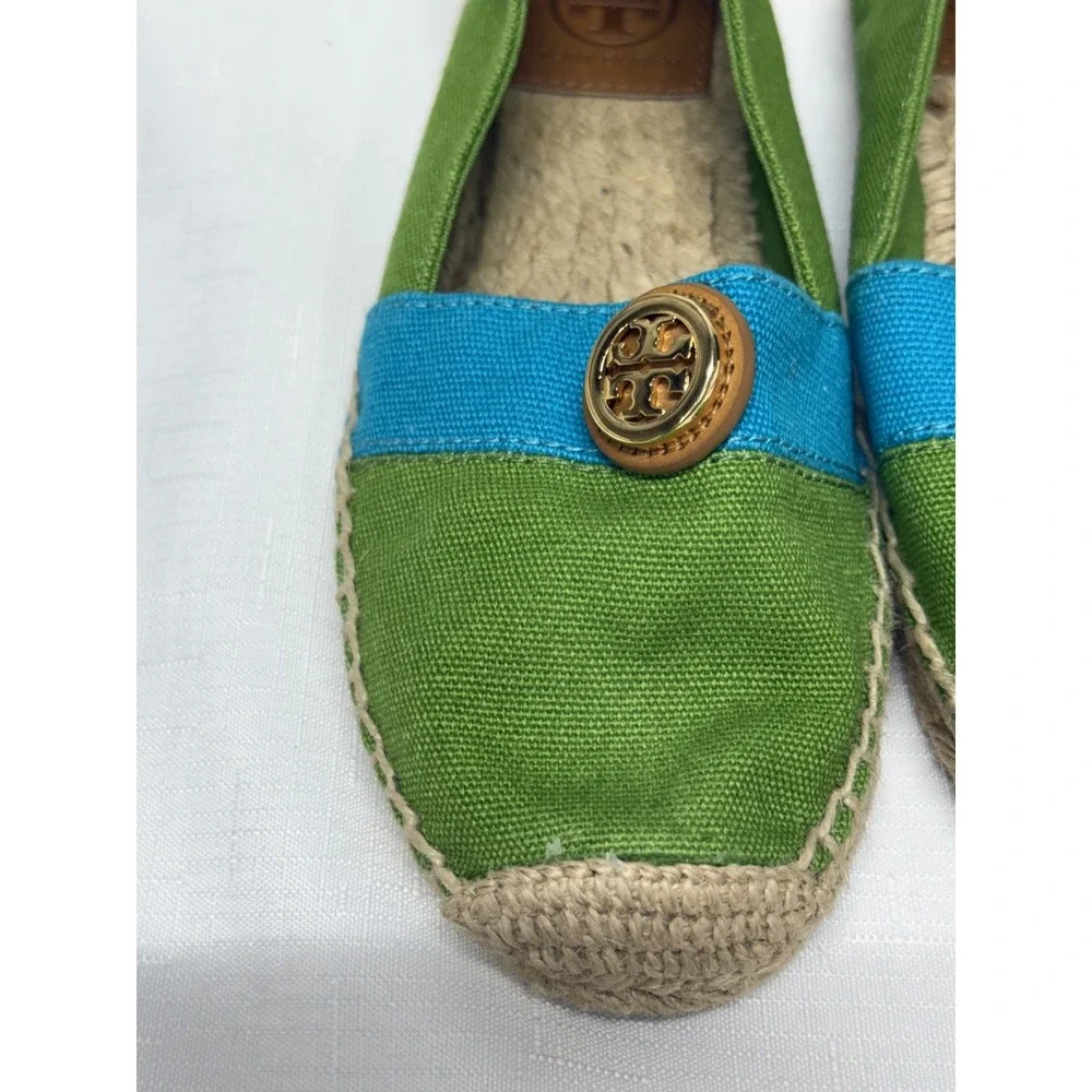 Tory Burch Beacher Espadrille Canvas Flats Womens Size 6 Green/Blue Slip On Shoe